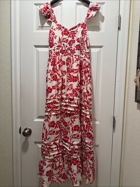 Red Floral Ruffle Maxi Dress with V-Neck and Tie Shoulders